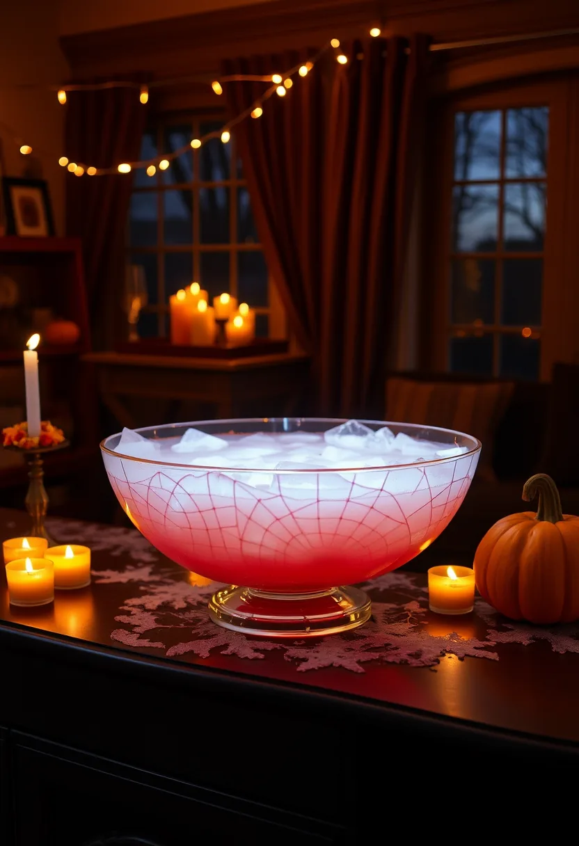 Decorative Bundt Ice Ring Filled with Blood Orange Slices and Rosemary Floating in Red Punch