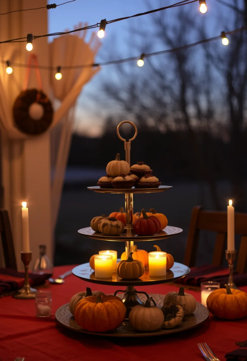 Three-Tier Matte Black Metal Dessert Stand Loaded with Gourmet Halloween Pastries and Mini Pumpkins