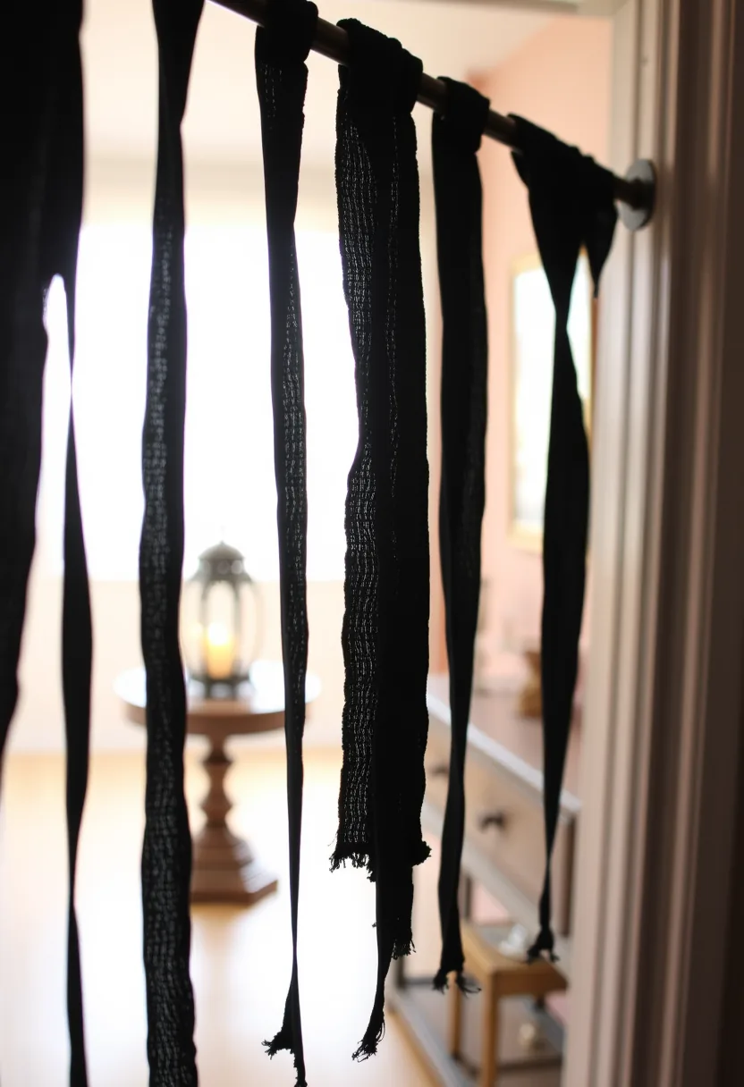 Distressed Black Cheesecloth Draped Over an Interior Doorway with Ambient Backlighting