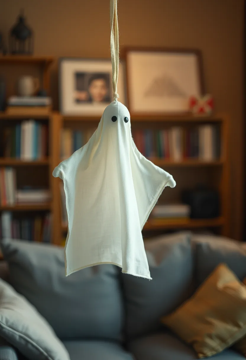 Lightweight White Gauze Ghost Figures Suspended from High Ceiling Corners with Subtle Fairy Lights