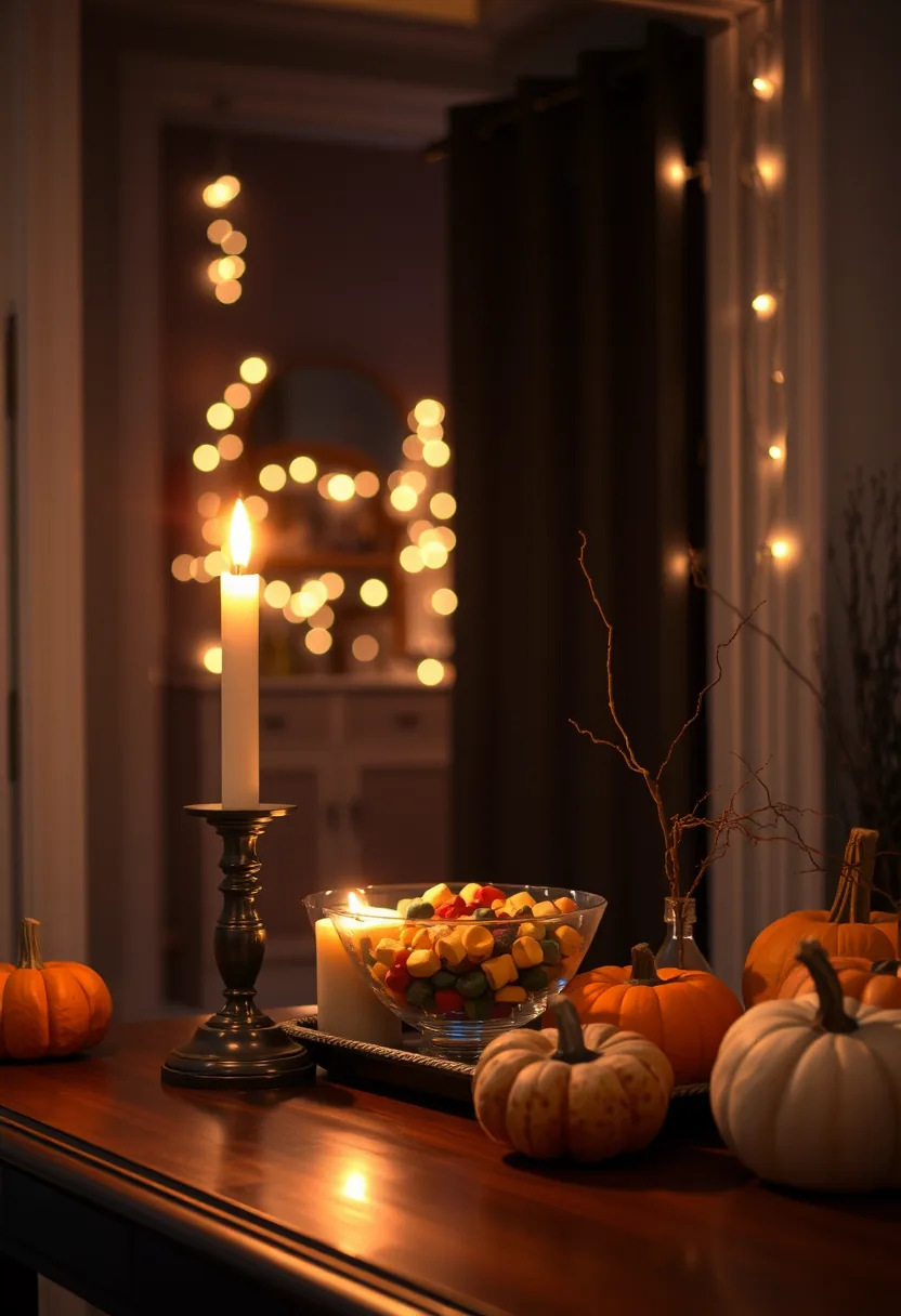 Entryway Console Table Styled with Black Wicker Trays, Amber Candles, and a Ceramic Halloween Candy Bowl
