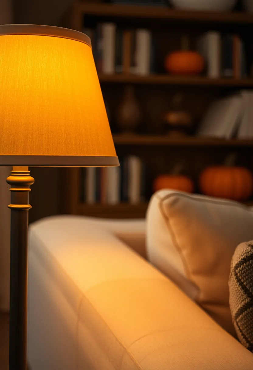 Cozy Living Room Illuminated by Warm Amber Vintage Edison Bulbs and Subtle Orange Accent Lighting