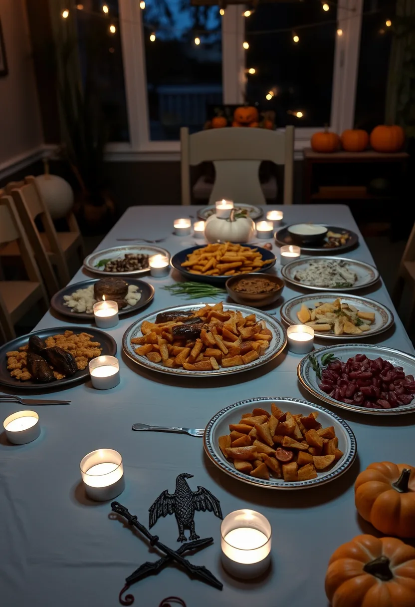 Flickering Flameless LED Tealights in Amber Glass Votive Holders Surrounding a Food Platter