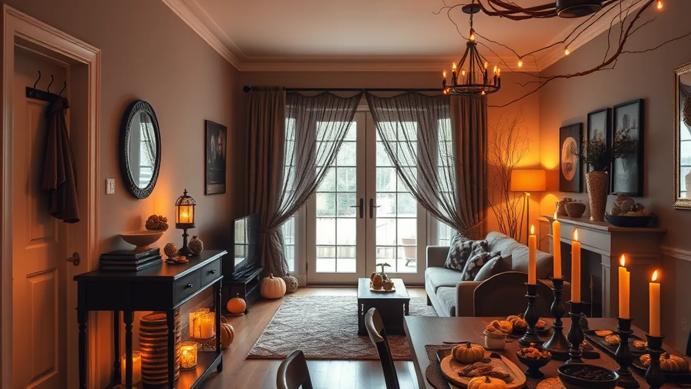 Chic Moody Halloween Party Setting with Glowing Lanterns, Velvet Linens, and Autumn Florals