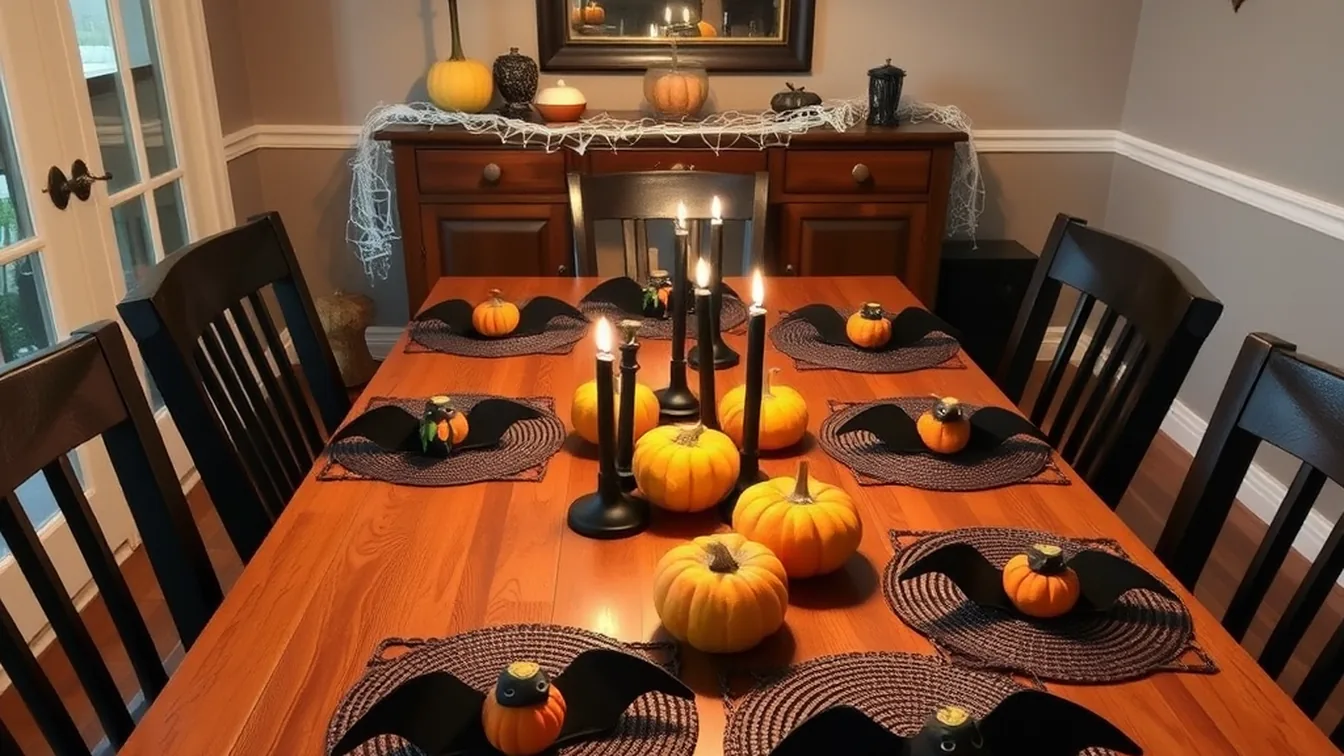 Chic Moody Halloween Table Setting with Durable Placemats, Amber Candlelight, and Ceramic Dinnerware