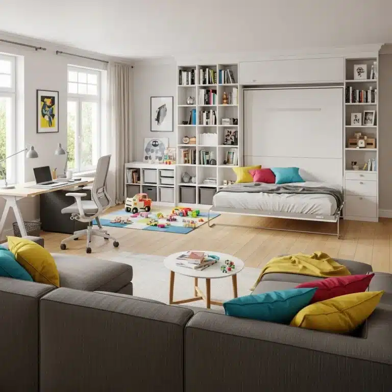 Cozy corner study nook in a bright living room featuring a compact light wood desk, ergonomic wooden chair, and desk lamp
