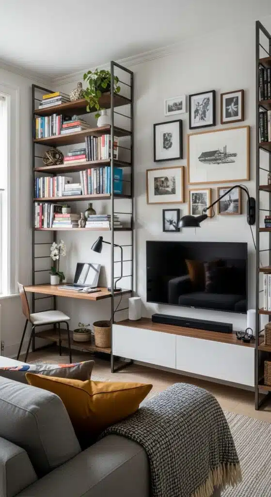 Matching natural woven storage baskets with minimalist wooden labels neatly arranged in living room shelving