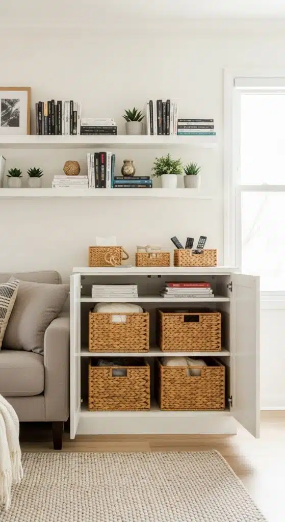 Plush armchair with a knit throw blanket and warm reading lamp positioned beside a small basket of books in a living room