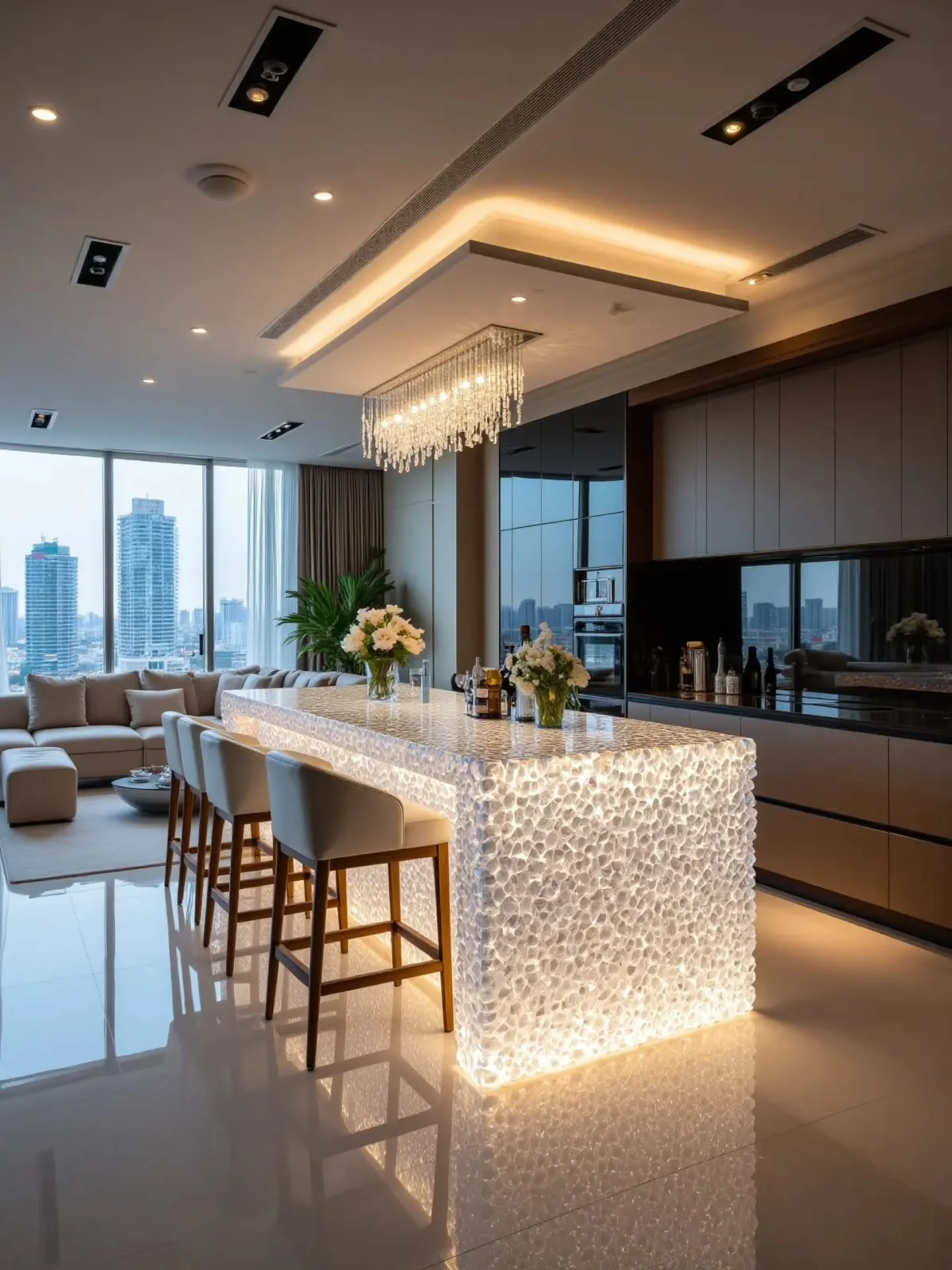 Oversized Woven Rattan Statement Pendants Over a Kitchen Island