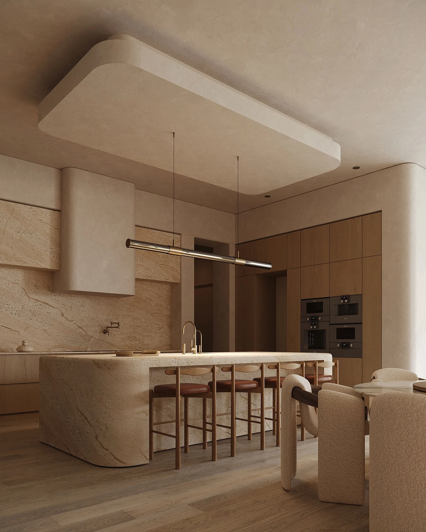 Mismatched Pendant Styles in a Unified Finish Over a Kitchen Island