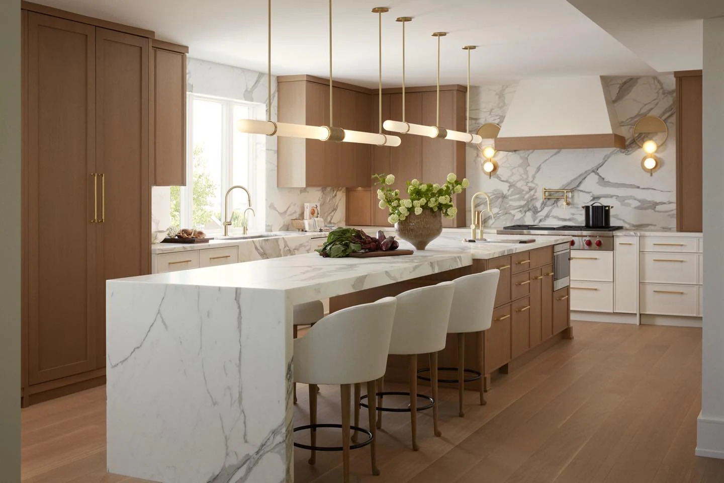 Colored Glass Pendants Adding a Bold Pop of Hue Above a Kitchen Island
