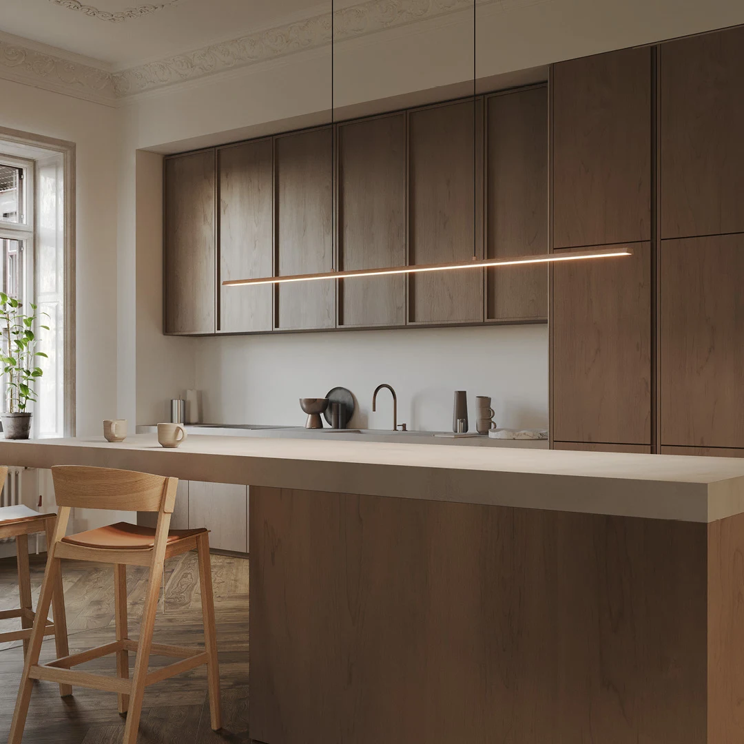 Single Oversized Statement Chandelier Centered Over a Kitchen Island