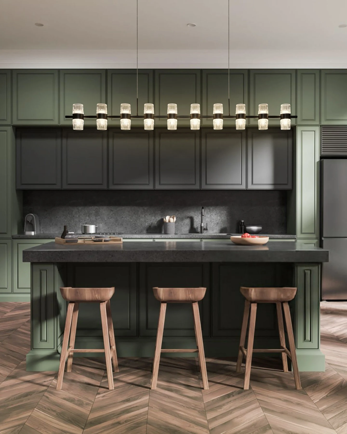 Matte Black Wire Cage Pendants Over a Modern Kitchen Island