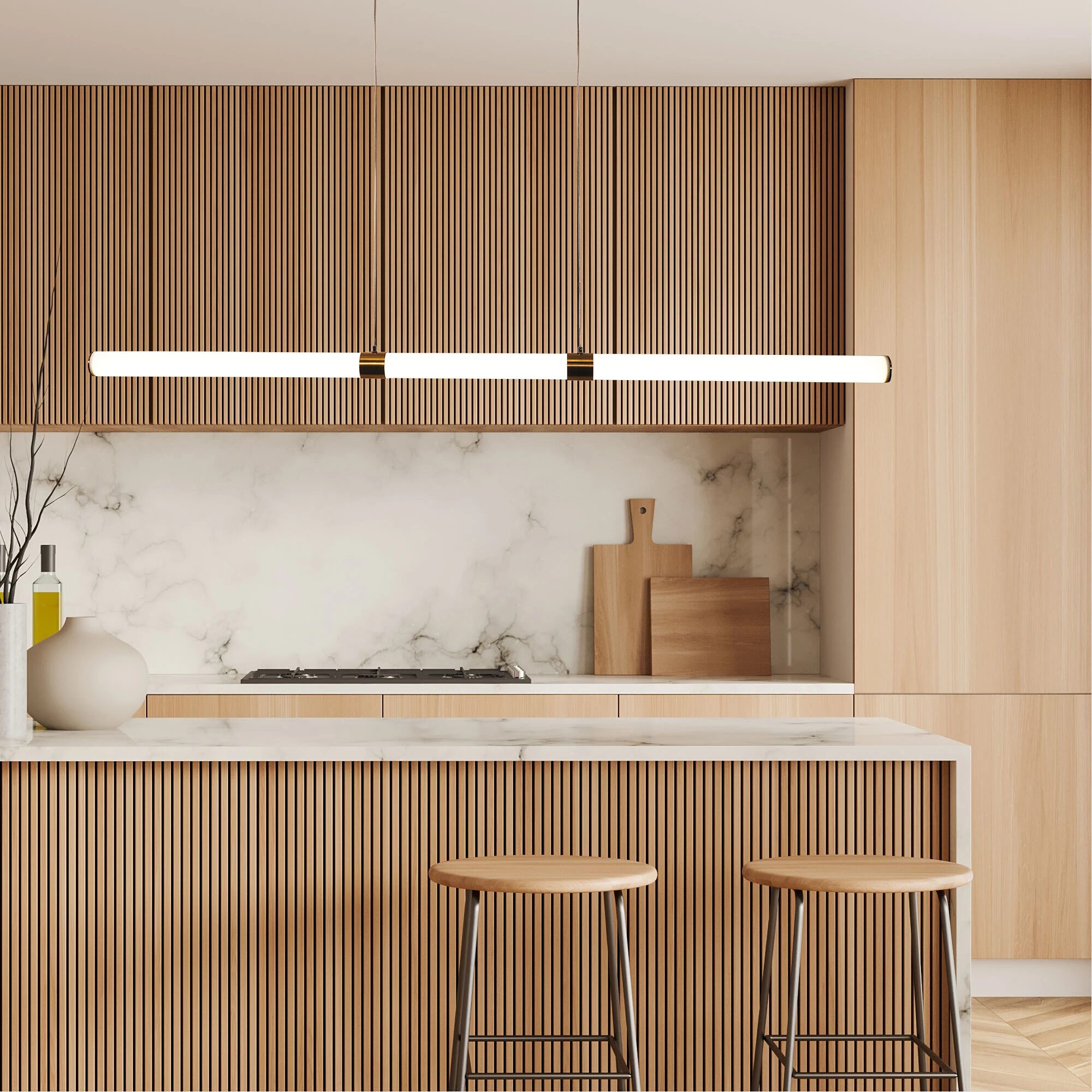 Smoked and Tinted Glass Globe Pendants Over a Dark Kitchen Island