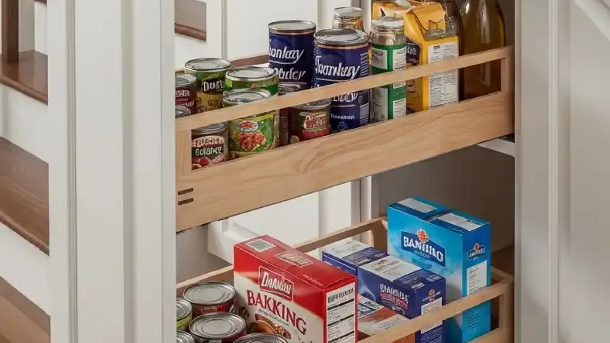Full-extension pull-out pantry drawers following the angled slope of the stairs