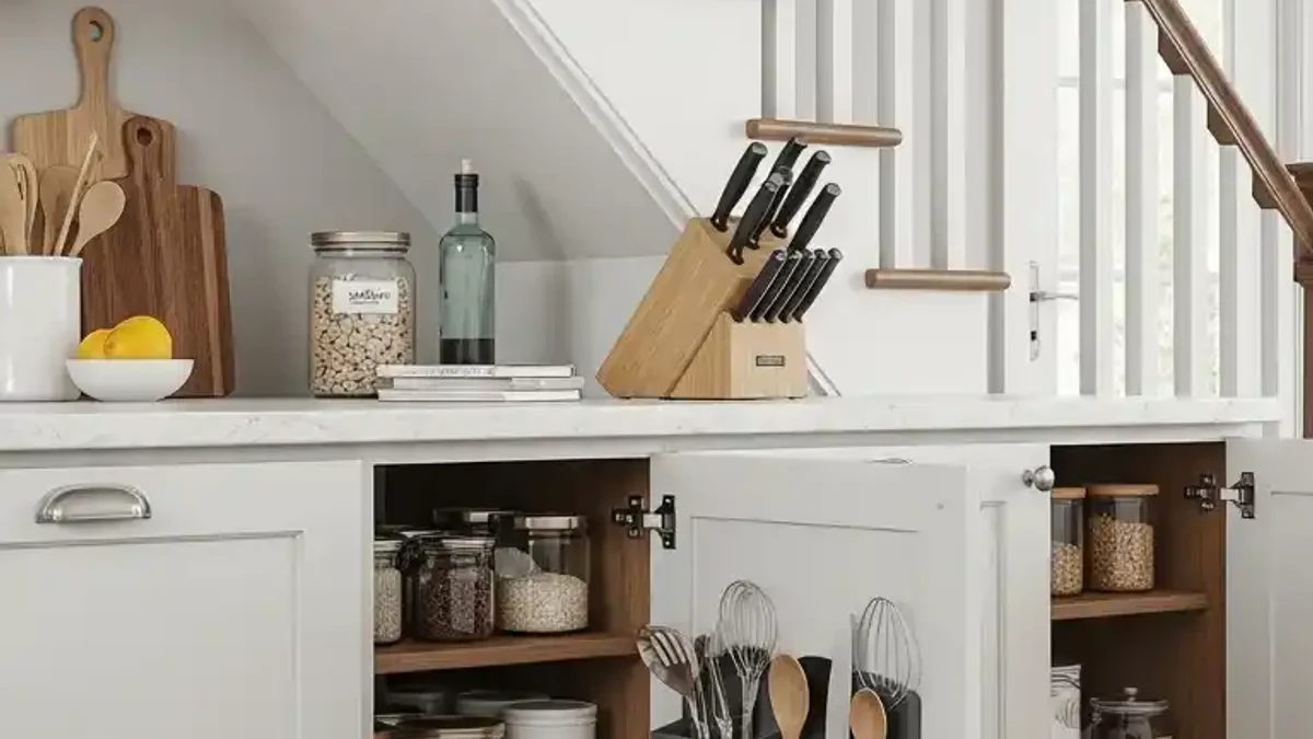 Under-stairs kitchen cabinets featuring custom cookbook cubbies and door-mounted utensil organizers