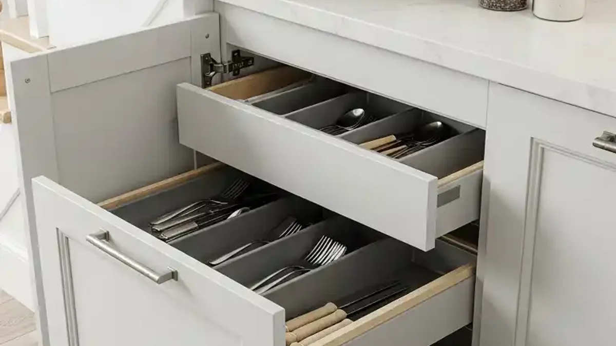 Hidden pull-out drawer and workspace integrated into under-stairs kitchen cabinetry