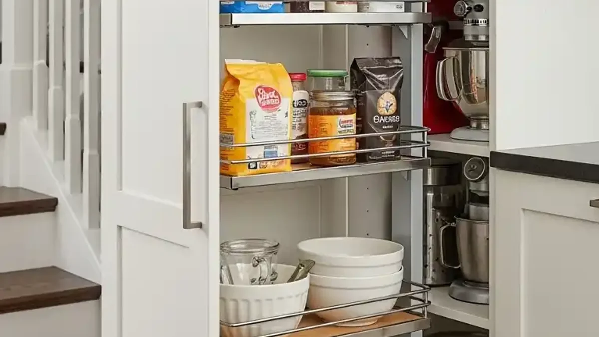 Stepped drawer and pull-out baking supply cabinets under the kitchen stairs