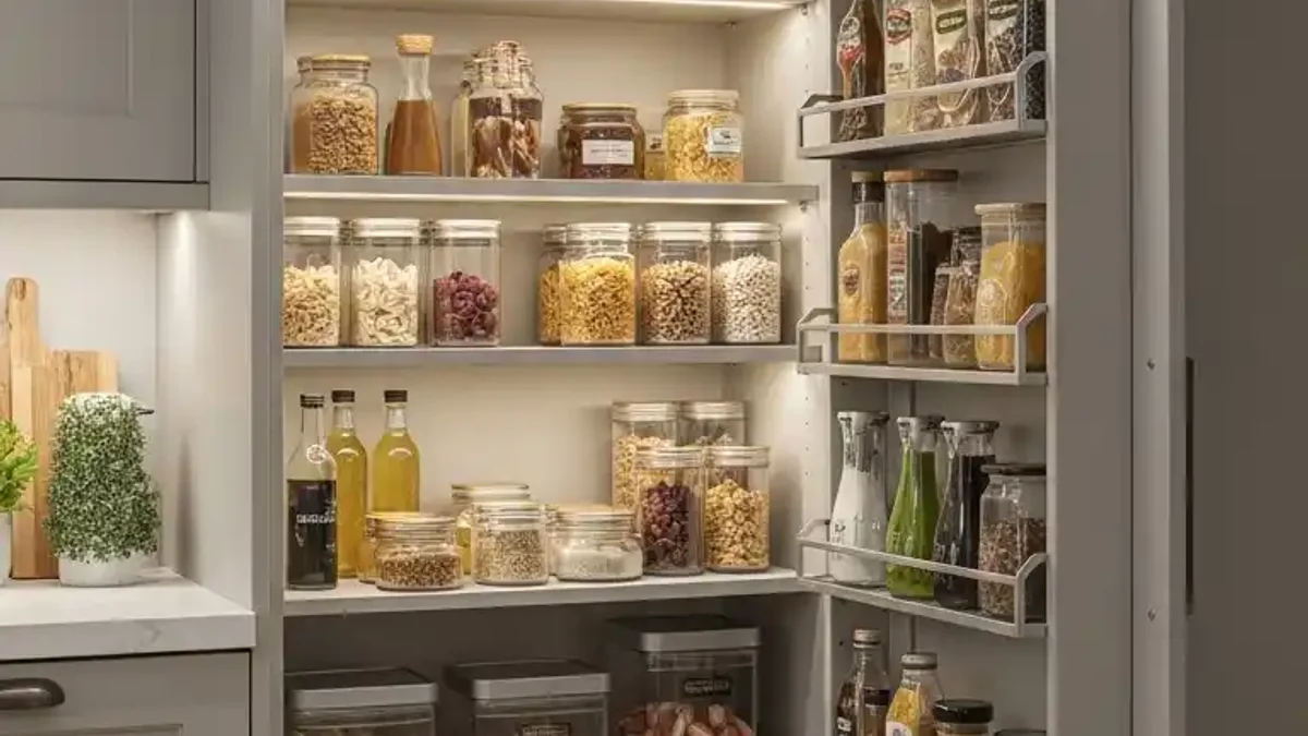 Built-in under-stairs kitchen coffee station and illuminated pantry alcove