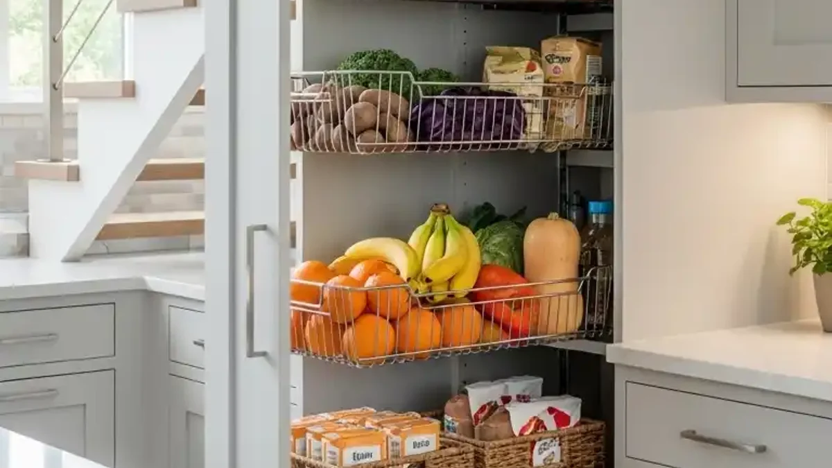 Under-stairs pull-out pantry fitted with labeled storage baskets for produce and small items