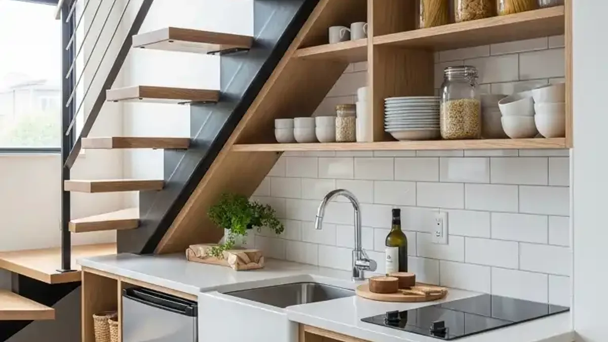 Combination of custom angled open wooden shelving and closed base cabinetry under kitchen stairs