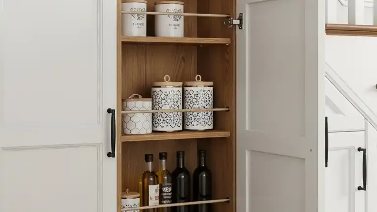 Built-in wine storage rack and bottle cubbies fitted into the lowest section under the stairs