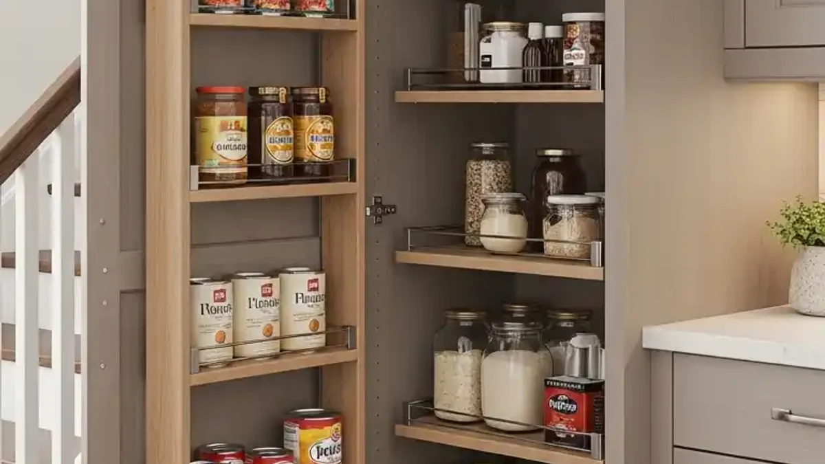 Under-stairs kitchen pantry cabinet with adjustable tiered wooden shelving and glass jars