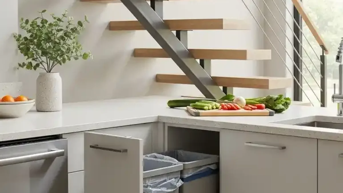 Built-in pull-out dual trash and recycling bin cabinet tucked under the kitchen stairs