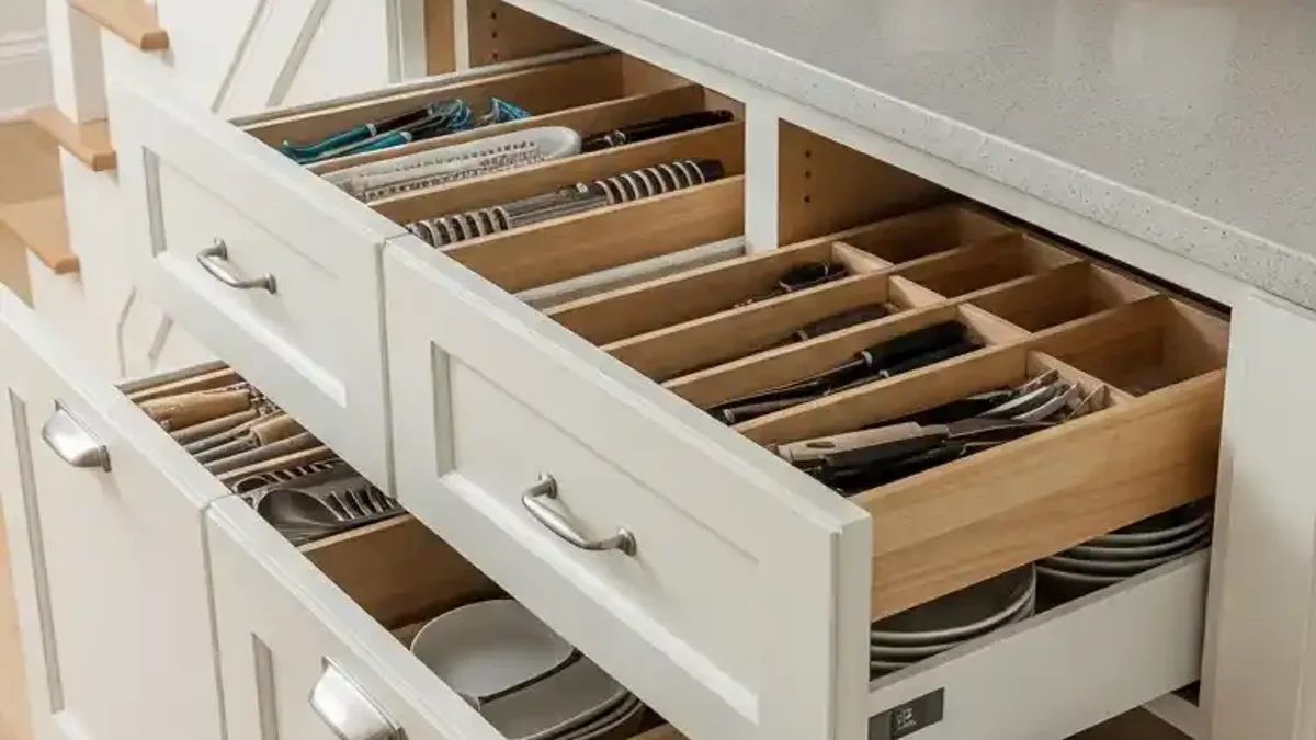 Built-in kitchen drawers with angled fronts matching the diagonal slope of the staircase
