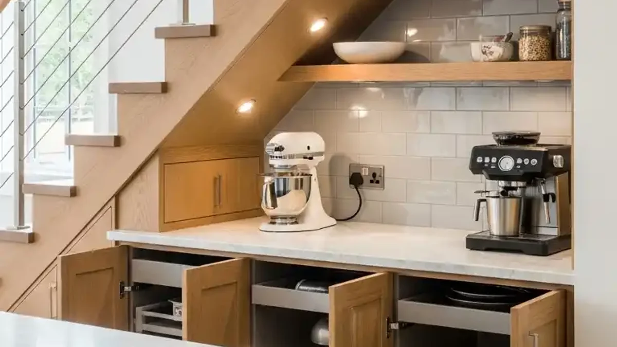 Under-stairs kitchen appliance garage storing toaster, blender, and stand mixer