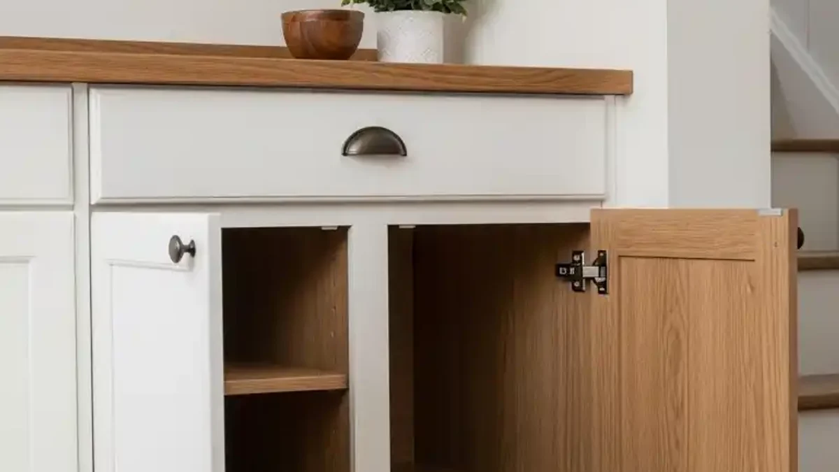Glass-front upper display cabinets paired with warm oak base cabinets under kitchen stairs