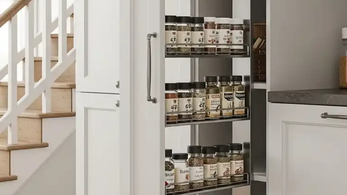 Narrow vertical pull-out wooden spice and oil rack cabinet under the stairs