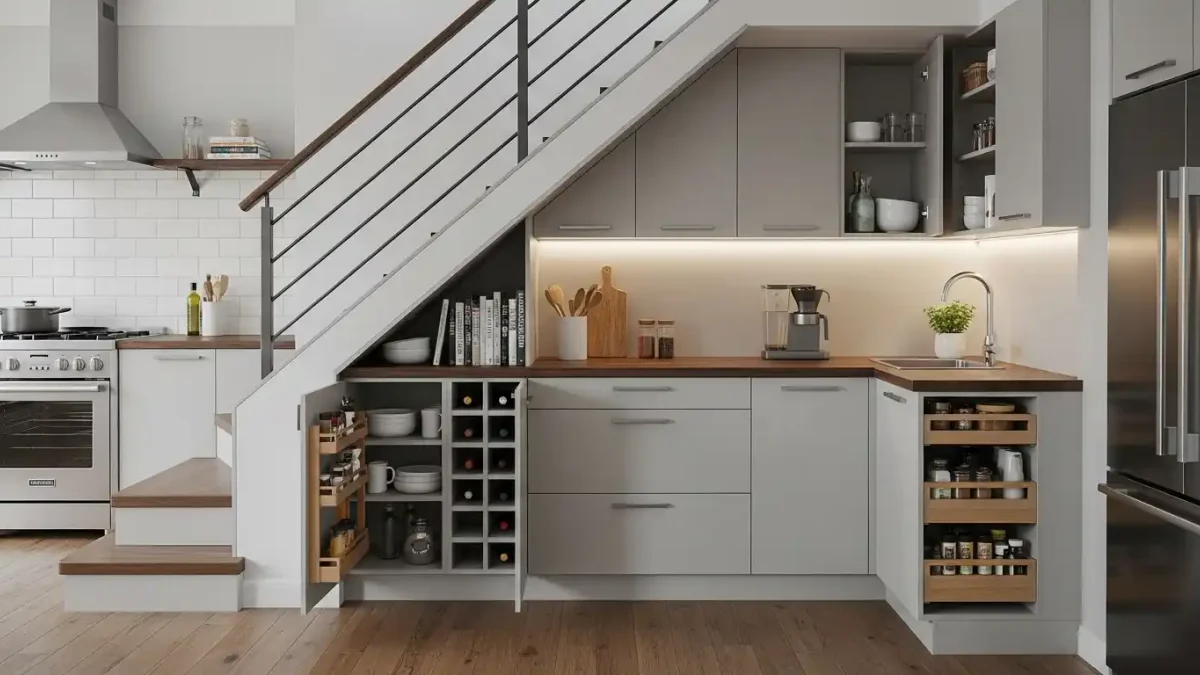 15 Kitchen Cabinet Under Stairs Ideas showing custom sloped cabinetry, wine rack, coffee bar, and pull-out spice drawers
