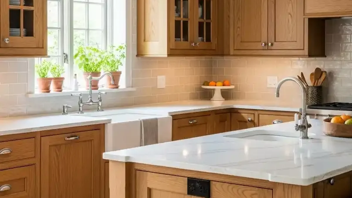 Warm Honey Oak kitchen cabinetry with white countertops and matte black hardware