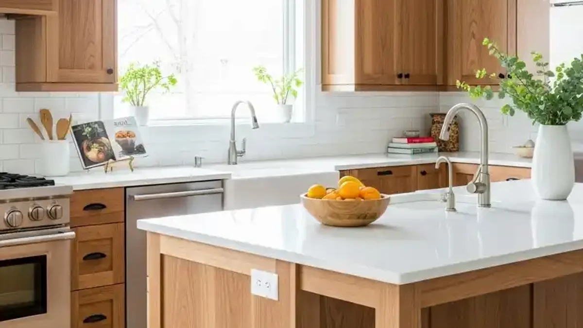Two-tone light walnut and pale wood kitchen cabinetry creating balanced contrast