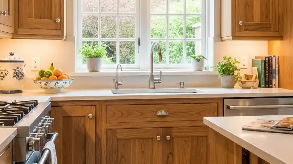 Warm Hickory and Golden Pecan kitchen cabinetry with bold natural grain variation