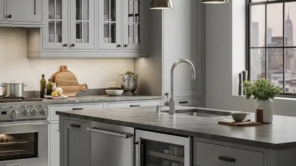 Smoked Oak and Smoky Ash kitchen cabinetry with modern moody taupe-brown warmth