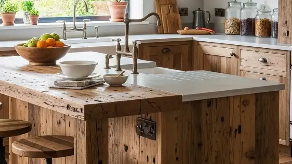 Reclaimed Wood kitchen cabinetry showcasing authentic weathered patina and saw marks
