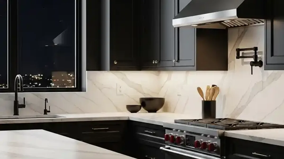Ebony-Stained Midnight Black wood kitchen cabinetry showing visible wood grain texture