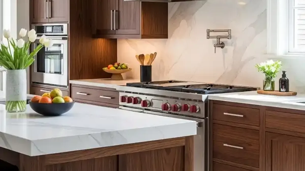 Rich Walnut kitchen cabinetry with dramatic chocolate grain and marble countertops