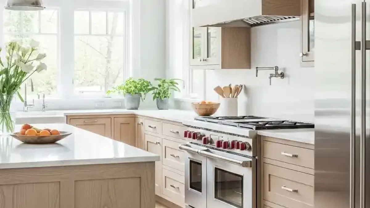 Light Whitewashed Crisp White Oak kitchen cabinets in a sunlit airy kitchen