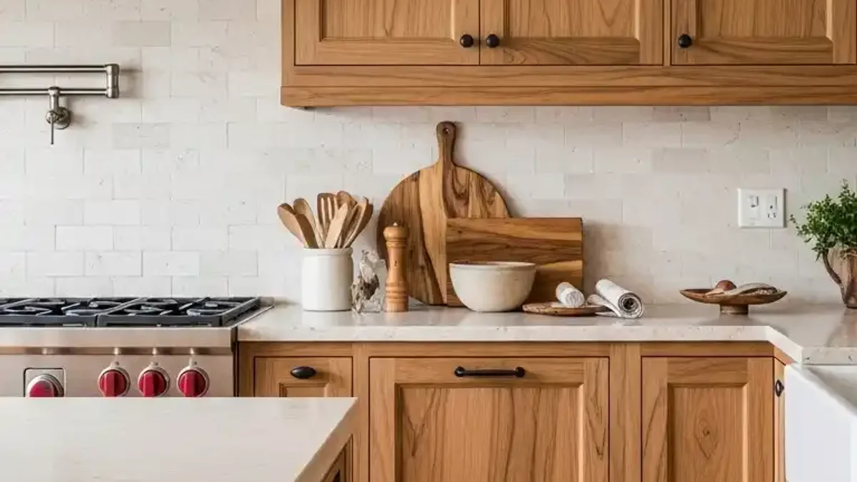 Warm Teak-Toned kitchen cabinetry with rich organic mid-century wood grain