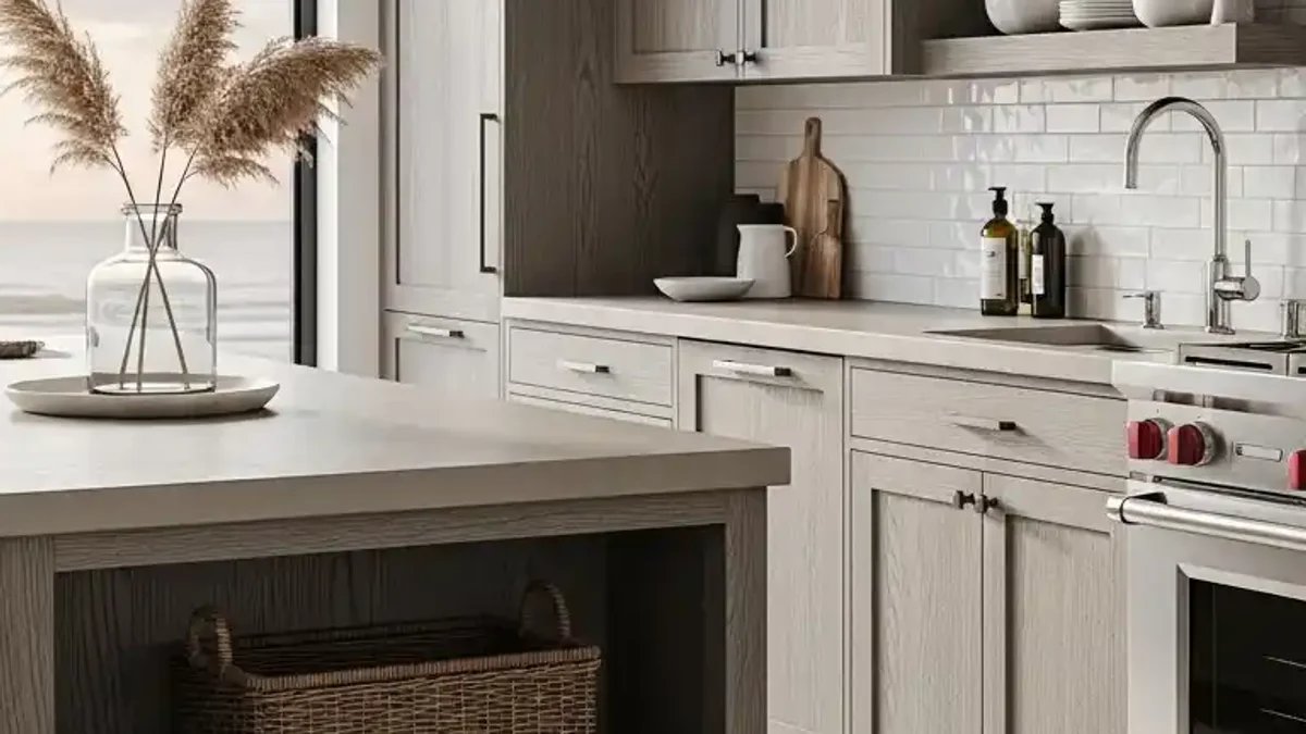 Weathered Driftwood Gray-Wood kitchen cabinetry in a bright coastal kitchen