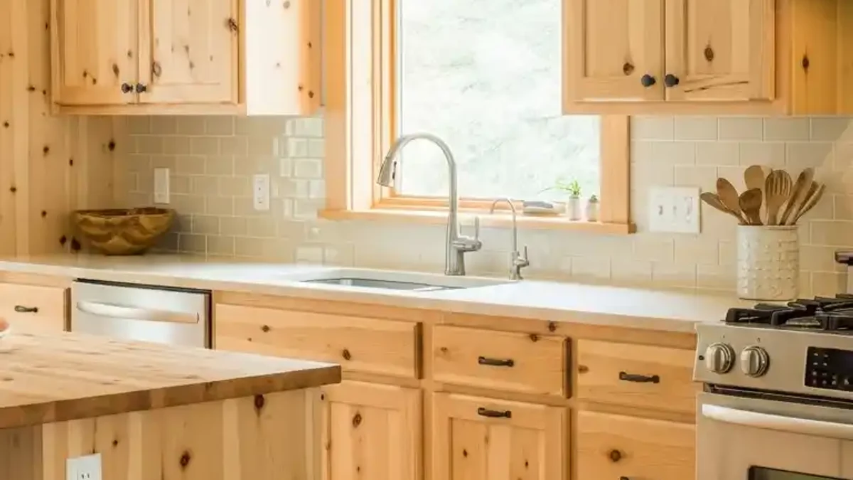 Golden Natural Pine kitchen cabinetry with warm rustic grain and knots