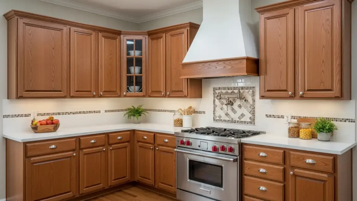 20 Kitchen Wood Cabinet Color Ideas showing warm natural stained oak cabinetry, white quartz countertops, and stainless range