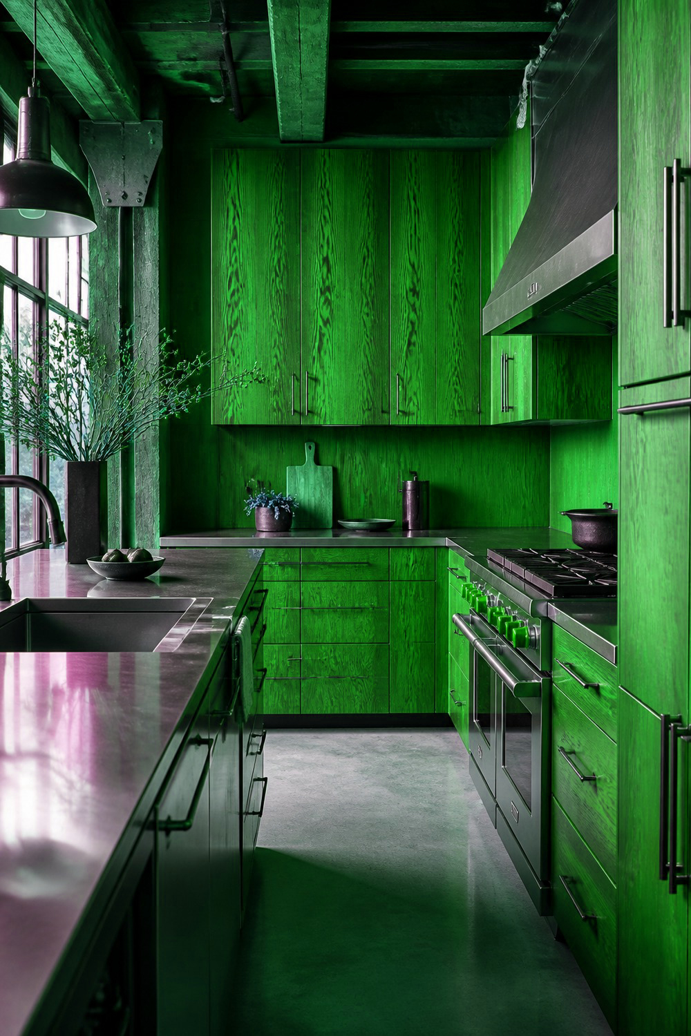 Bold Green Cabinetry with Warm Brass Pendant Lighting