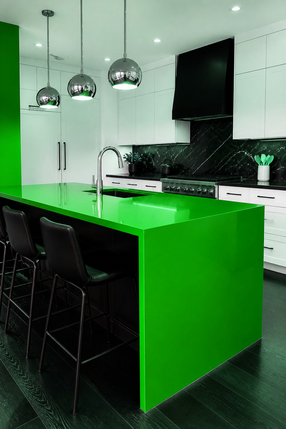 Green Cabinetry with a Bold Black-and-White Checkerboard Floor