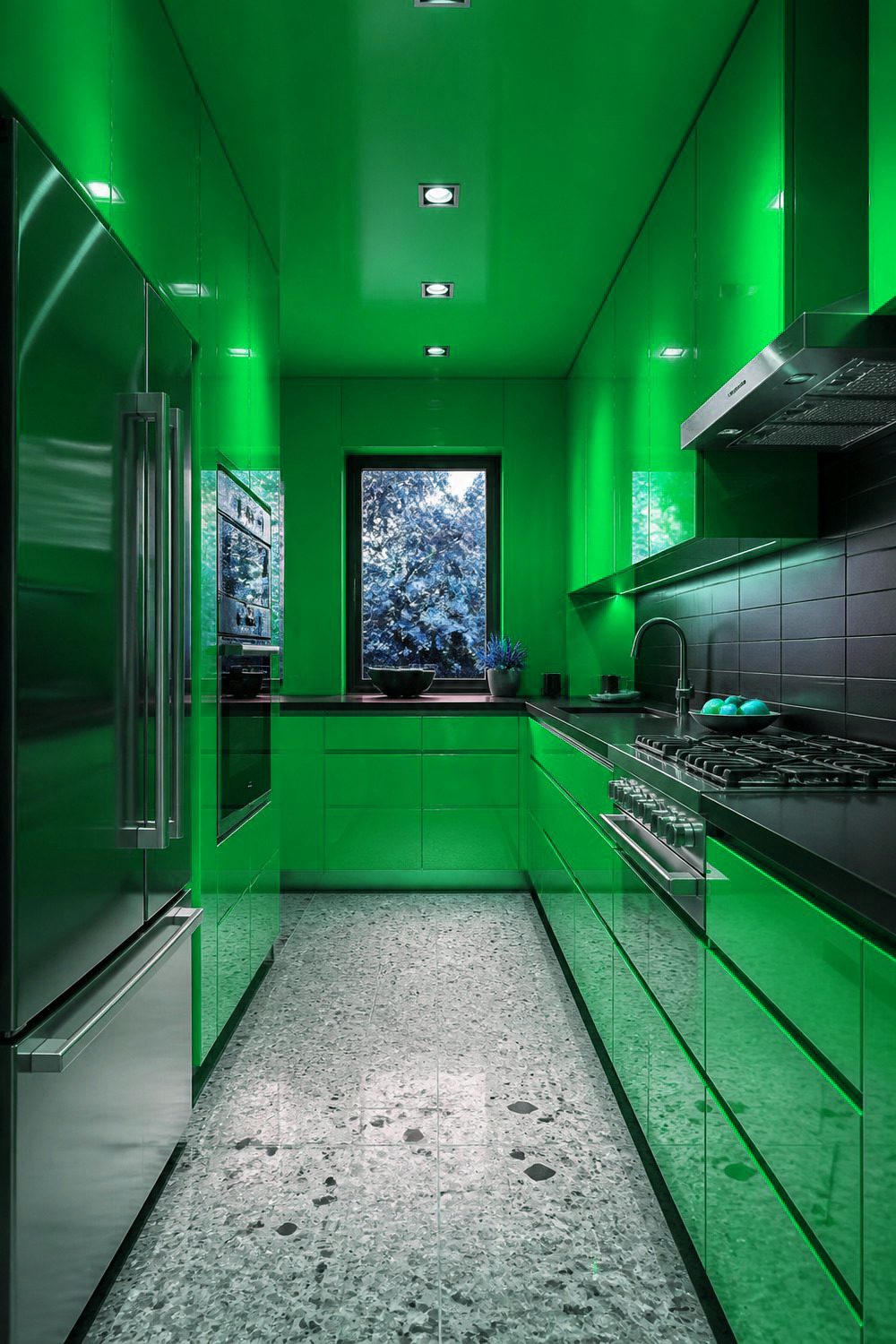 Forest Green Cabinetry with White Marble Countertops