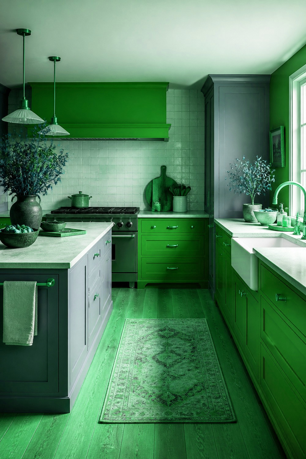 Grass Green Lower Cabinets with White Uppers