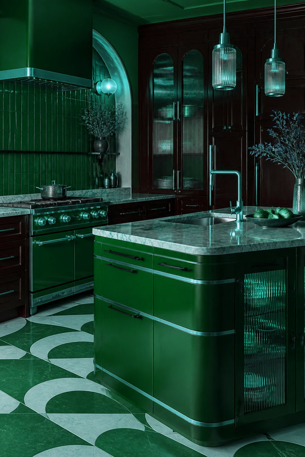 Deep Hunter Green with Warm Wood Open Shelving